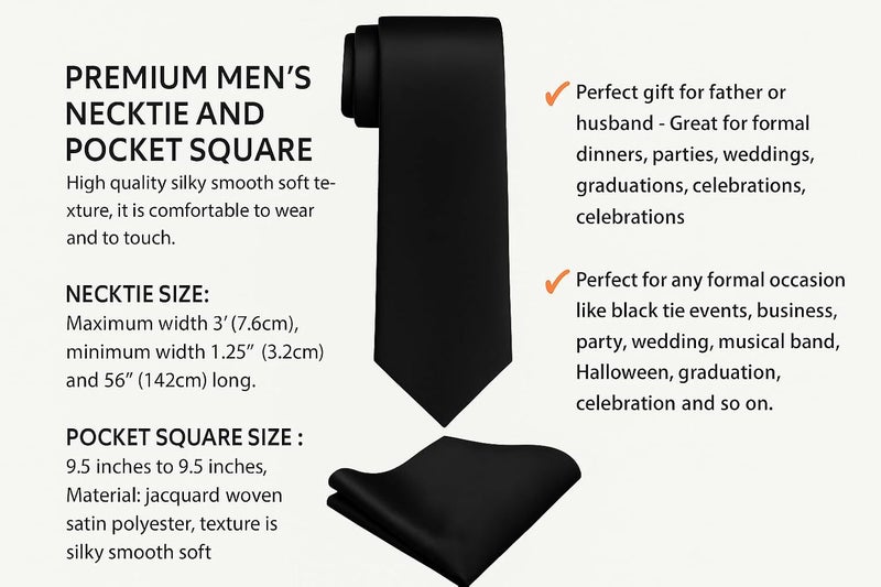 Trilece Ties for Men - Mens Solid Color Formal Necktie and Pocket Square Sets - Image 5